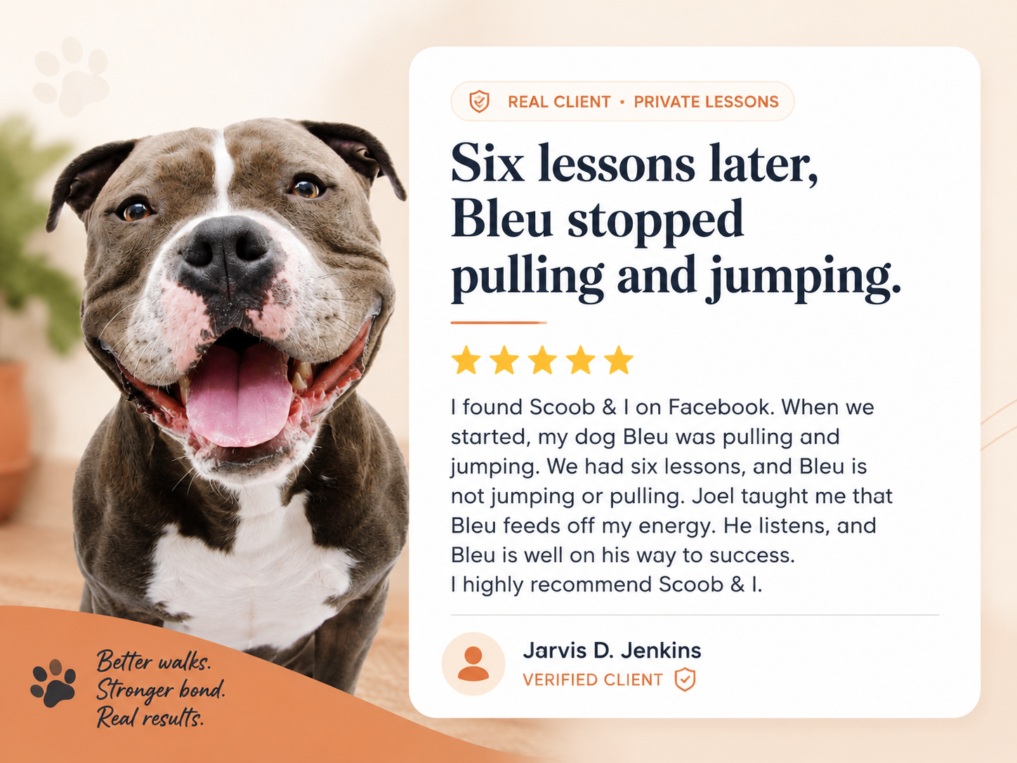 Bleu beside a five-star client testimonial reporting that six private lessons stopped his pulling and jumping.