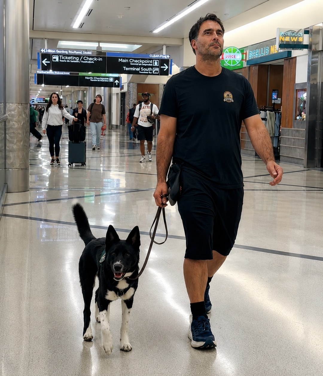 A calm black-and-white dog walking on a loose leash beside its handler through a busy airport terminal.