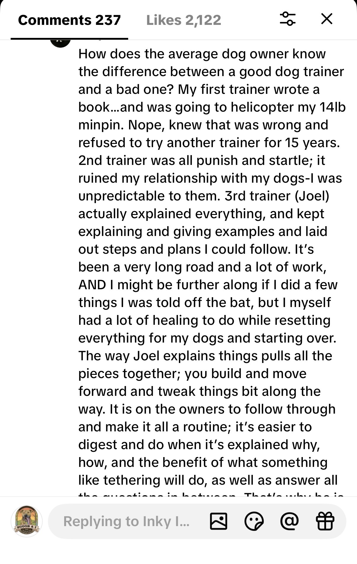 TikTok comment praising Joel for explaining everything and laying out clear steps after two other trainers failed.
